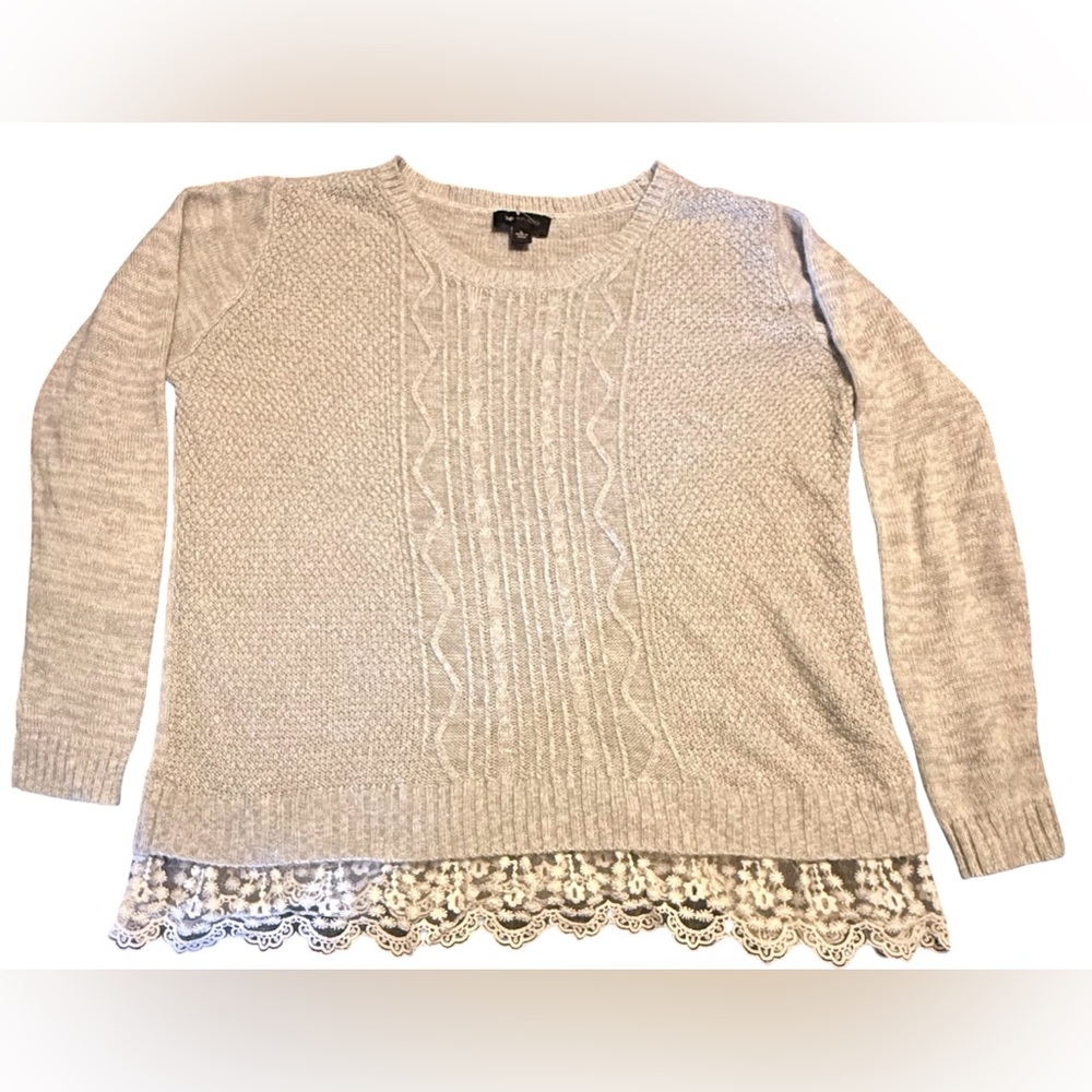 AB Studio Light Beige Cable Knit Sweater with Lace Trim